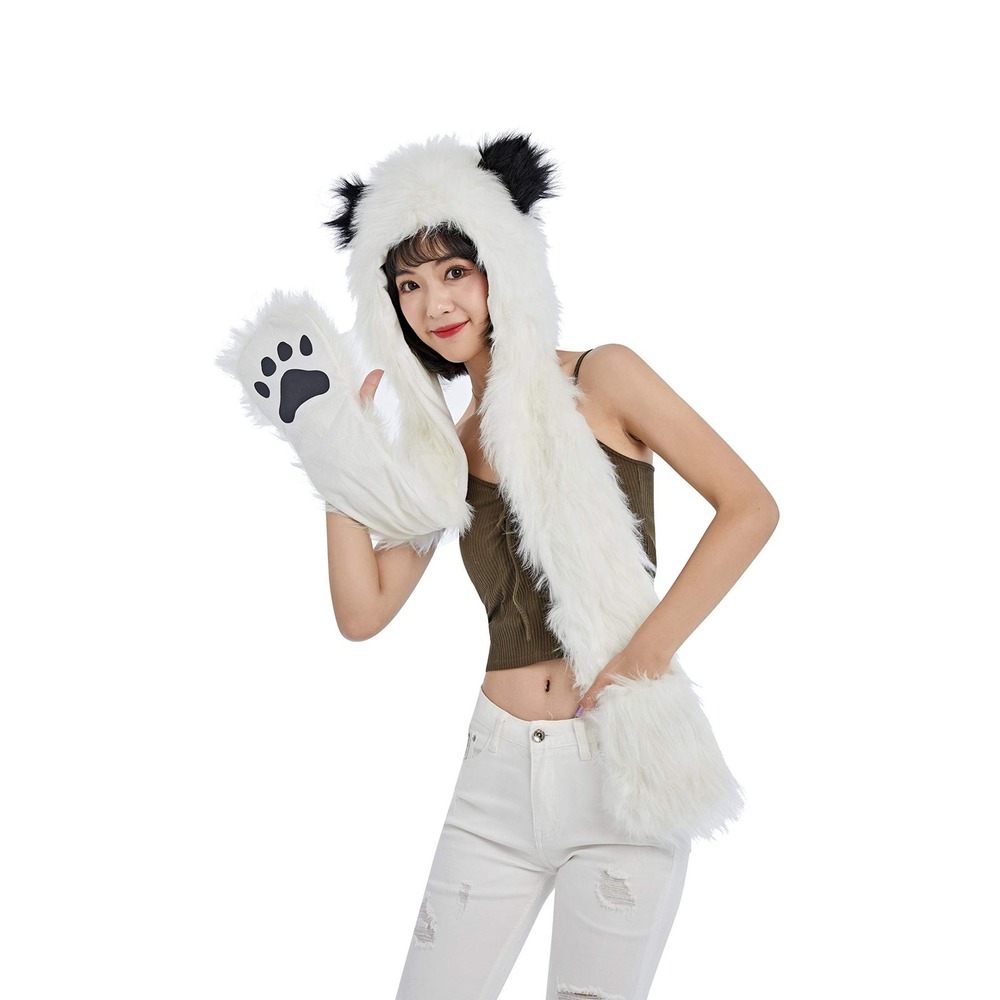 LED Light Up Panda Hat Scarf Gloves Faux Fur Spirit Hood w/ Paws Cosplay Costume - Picture 2 of 8